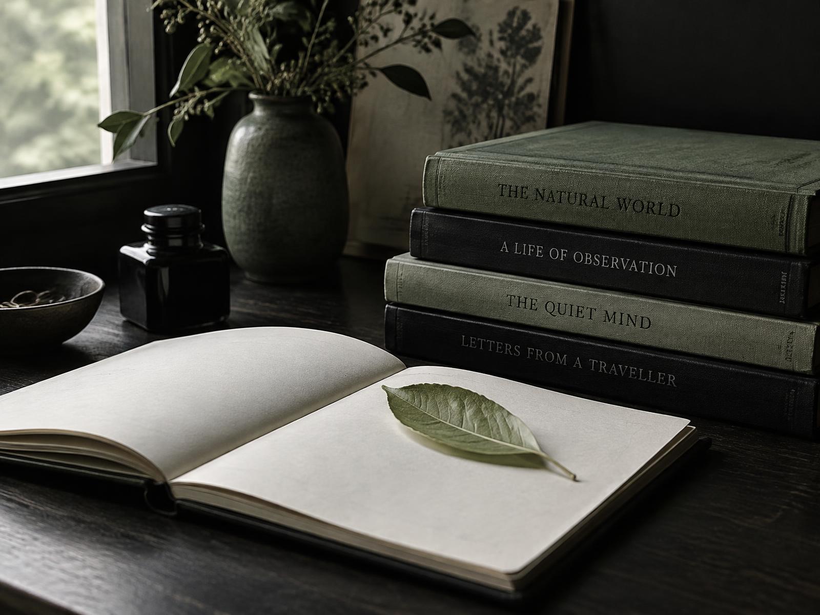 A leaf resting on an open notebook beside a stack of cloth-bound books